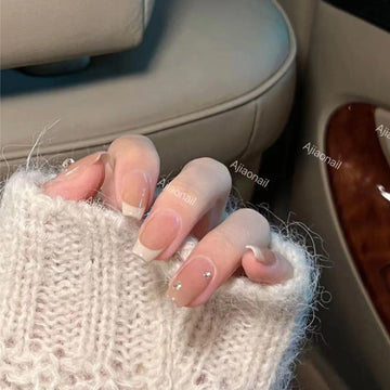 Qfdian Handmade Press on Nails French Pink Gradient Short Fake Nails Rhinestone Design False Nail Tips Wearable Reusable Nail Tip